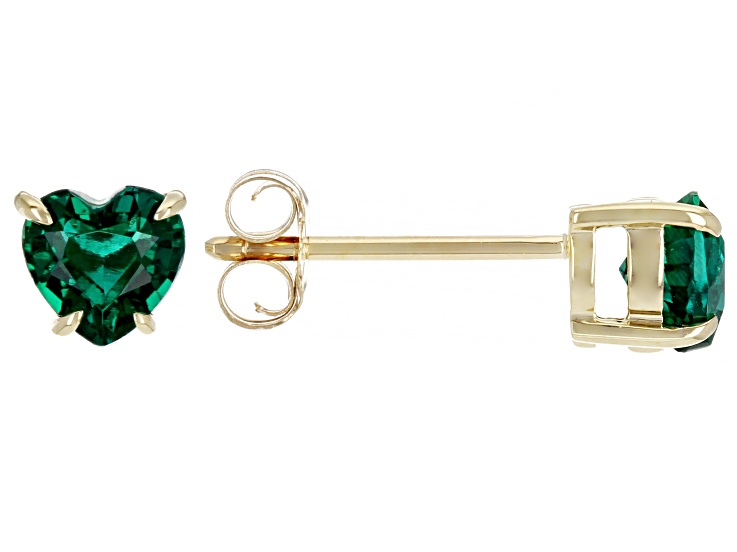 Green Lab Created Emerald 10K Yellow Gold Childrens Heart Stud Earrings 0.68ctw