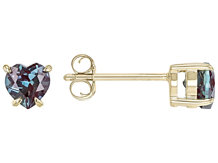 Blue Lab Created Alexandrite 10K Yellow Gold Childrens Heart Stud Earrings 1.02ctw