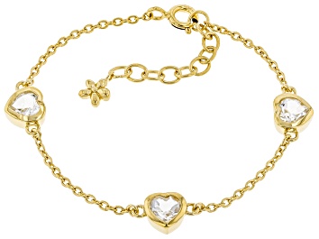 Picture of White Topaz 18k Yellow Gold Over Sterling Silver Heart Children's Bracelet 1.40ctw