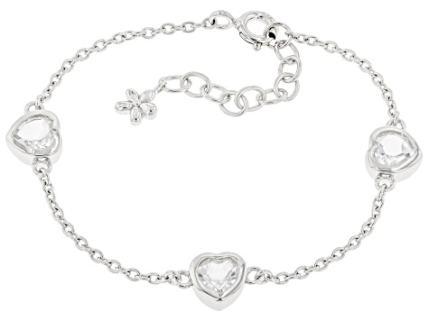 White Topaz Rhodium Over Sterling Silver Heart Childrens Bracelet 1.40ctw