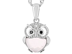 Pink Rose Quartz Rhodium Over Silver Owl Pendant With Chain 0.03ctw