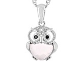 Pink Rose Quartz Rhodium Over Silver Owl Childrens Pendant With Chain 0.03ctw