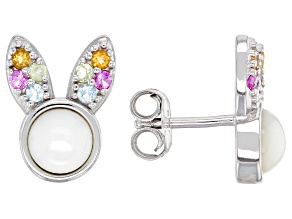 White Mother-of-Pearl Rhodium Over Silver Bunny Children's Stud Earrings 0.24ctw