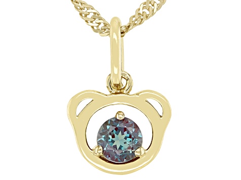 Blue Lab Created Alexandrite 18k Yellow Gold Over Silver Childrens Teddy Bear Pendant Chain 0.30ct