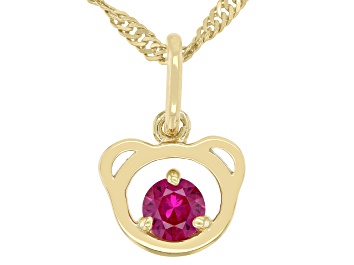 Picture of Red Lab Created Ruby 18k Yellow Gold Over Silver Childrens Teddy Bear Pendant With Chain 0.26ct