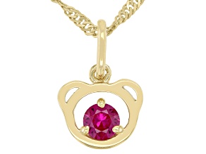 Red Lab Created Ruby 18k Yellow Gold Over Silver Childrens Teddy Bear Pendant With Chain 0.26ct