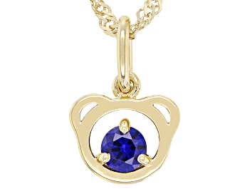 Picture of Blue Lab Created Sapphire 18k Yellow Gold Over  Silver Childrens Teddy Bear Pendant With Chain .26ct