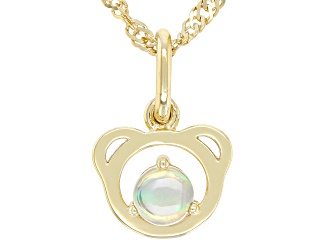 White Ethiopian Opal 18k Yellow Gold Over Sterling Silver Teddy Bear Childrens Pendant With Chain