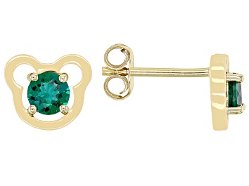 Picture of Green Lab Emerald 18k Yellow Gold Over Silver Childrens Teddy Bear Stud Earrings 0.37ctw