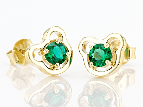 Green Lab Emerald 18k Yellow Gold Over Silver Childrens Teddy Bear Stud Earrings 0.37ctw