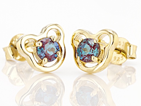 Blue Lab Alexandrite 18k Yellow Gold Over Silver Childrens Teddy Bear Stud Earrings 0.59ctw