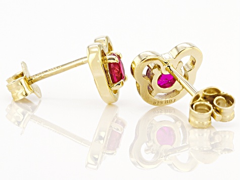 Red Lab Created Ruby 18k Yellow Gold Over Silver Childrens Teddy Bear Stud Earrings 0.51ctw