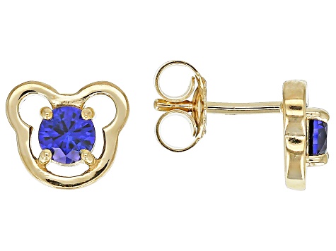 Blue Lab Created Sapphire 18k Yellow Gold Over Silver Childrens Teddy Bear Stud Earrings .52ctw