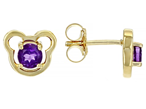 Purple African Amethyst 18k Yellow Gold Over Silver Children's Teddy Bear Stud Earrings .39ctw