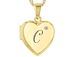 White Zircon 18k Yellow Gold Over Silver "C" Initial Childrens Heart Locket Pendant With Chain