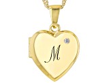 White Zircon 18k Yellow Gold Over Silver "M" Initial Childrens Heart Locket Pendant With Chain