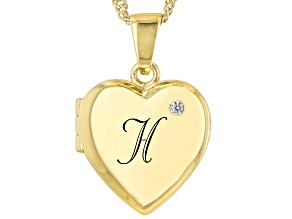 White Zircon 18k Yellow Gold Over Silver "H" Initial Childrens Heart Locket Pendant With Chain