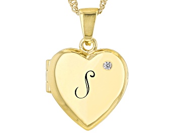 Picture of White Zircon 18k Yellow Gold Over Silver "S" Initial Childrens Heart Locket Pendant With Chain