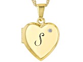 White Zircon 18k Yellow Gold Over Silver "S" Initial Childrens Heart Locket Pendant With Chain