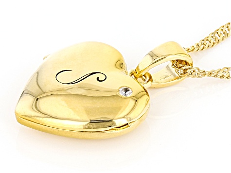 White Zircon 18k Yellow Gold Over Silver "S" Initial Childrens Heart Locket Pendant With Chain