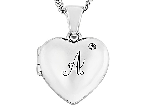 White Zircon Rhodium Over Silver "A" Initial Children's Heart Locket Pendant With Chain 0.02ctw