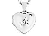 White Zircon Rhodium Over Silver "A" Initial Children's Heart Locket Pendant With Chain 0.02ctw