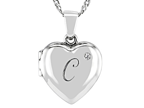 White Zircon Rhodium Over Silver "C" Initial Children's Heart Locket Pendant With Chain 0.02ctw