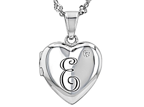 White Zircon Rhodium Over Silver "E" Initial Children's Heart Locket Pendant With Chain 0.02ctw