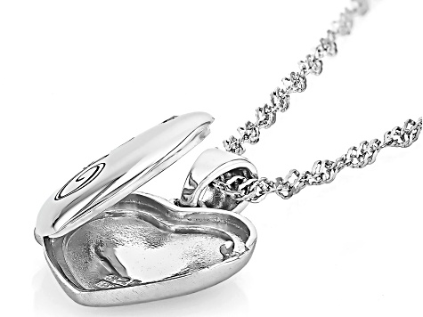 White Zircon Rhodium Over Silver "E" Initial Children's Heart Locket Pendant With Chain 0.02ctw