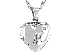 White Zircon Rhodium Over Silver "M" Initial Children's Heart Locket Pendant With Chain 0.02ctw