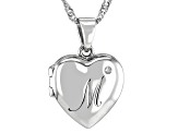 White Zircon Rhodium Over Silver "M" Initial Children's Heart Locket Pendant With Chain 0.02ctw