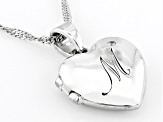 White Zircon Rhodium Over Silver "M" Initial Children's Heart Locket Pendant With Chain 0.02ctw