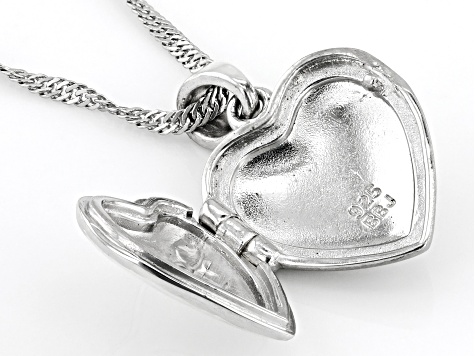 White Zircon Rhodium Over Silver "M" Initial Children's Heart Locket Pendant With Chain 0.02ctw
