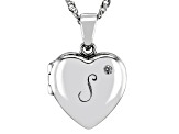 White Zircon Rhodium Over Silver "S" Initial Children's Heart Locket Pendant With Chain 0.02ctw