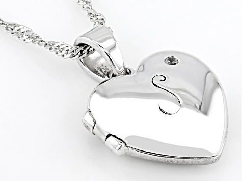 White Zircon Rhodium Over Silver "S" Initial Children's Heart Locket Pendant With Chain 0.02ctw