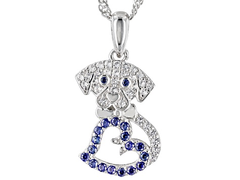 Blue Lab Created Sapphire Rhodium Over Sterling Silver Childrens Dog Pendant With Chain 0.34ctw