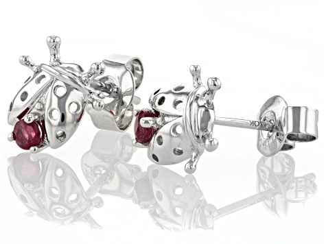 Red Mahaleo® Ruby Rhodium Over 10k White Gold Ladybug Childrens Stud Earrings 0.20ctw