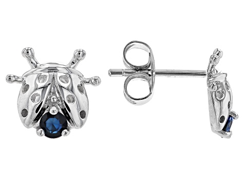 Blue Sapphire Rhodium Over 10k White Gold Ladybug Childrens Stud Earrings 0.15ctw