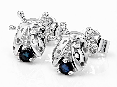 Blue Sapphire Rhodium Over 10k White Gold Ladybug Childrens Stud Earrings 0.15ctw