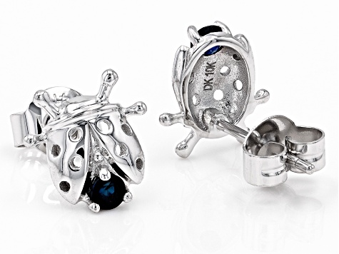 Blue Sapphire Rhodium Over 10k White Gold Ladybug Childrens Stud Earrings 0.15ctw