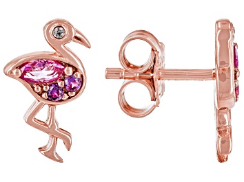 Picture of Pink Lab Created Sapphire 18k Rose Gold Over Silver Flamingo Childrens Earrings 0.22ctw