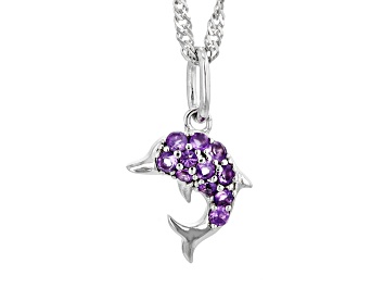 Picture of Purple African Amethyst Rhodium Over Sterling Silver Childrens Dolphin Pendant Chain 0.21ctw