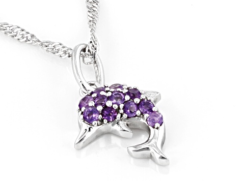 Purple African Amethyst Rhodium Over Sterling Silver Childrens Dolphin Pendant Chain 0.21ctw