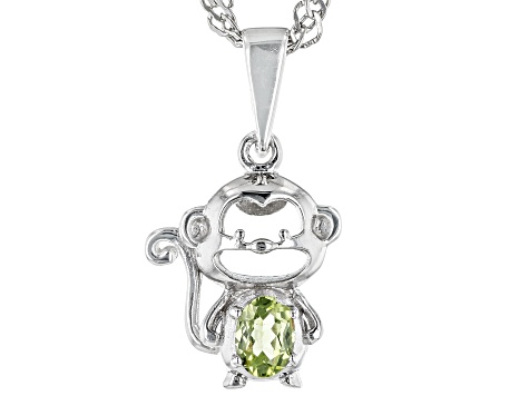 Green Peridot Rhodium Over Sterling Silver  Childrens Monkey Pendant With Chain 0.15ct