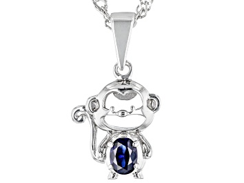 Picture of Blue Lab Created Sapphire Rhodium Over Sterling Silver Childrens Monkey Pendant With Chain 0.15ct
