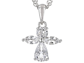 White Lab Created Sapphire Rhodium Over Sterling Silver Childrens Cross Pendant With Chain 0.86ctw
