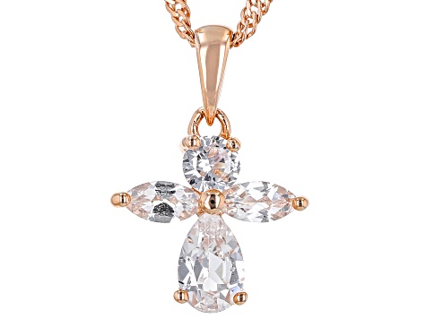 White Lab Created Sapphire 18k Rose Gold Over  Silver Childrens Cross Pendant Chain 0.86ctw