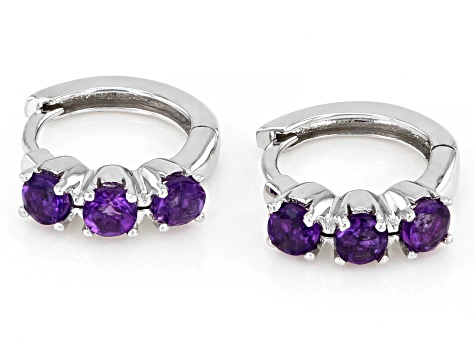 Purple Amethyst Rhodium Over 10k White Gold 3-Stone Childrens Hoop Earrings 0.35ctw