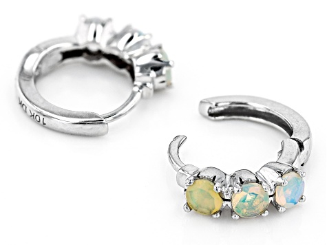 Multi Color Opal Rhodium Over 10k White Gold 3-Stone Childrens Hoop Earrings 0.26ctw