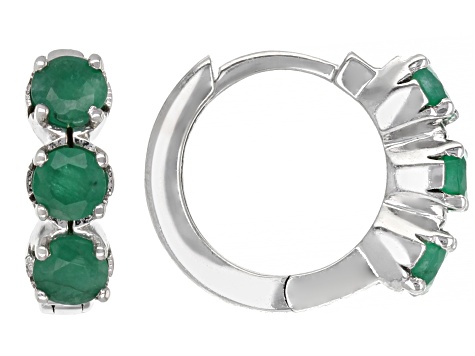 Green Emerald Rhodium Over 10k White Gold 3-Stone Children's Hoop Earrings 0.37ctw